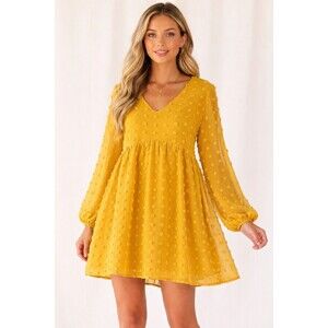 OURS Mustard Yellow Swiss Dot Dress Womens V-Neck Medium Long Sleeve Babydoll